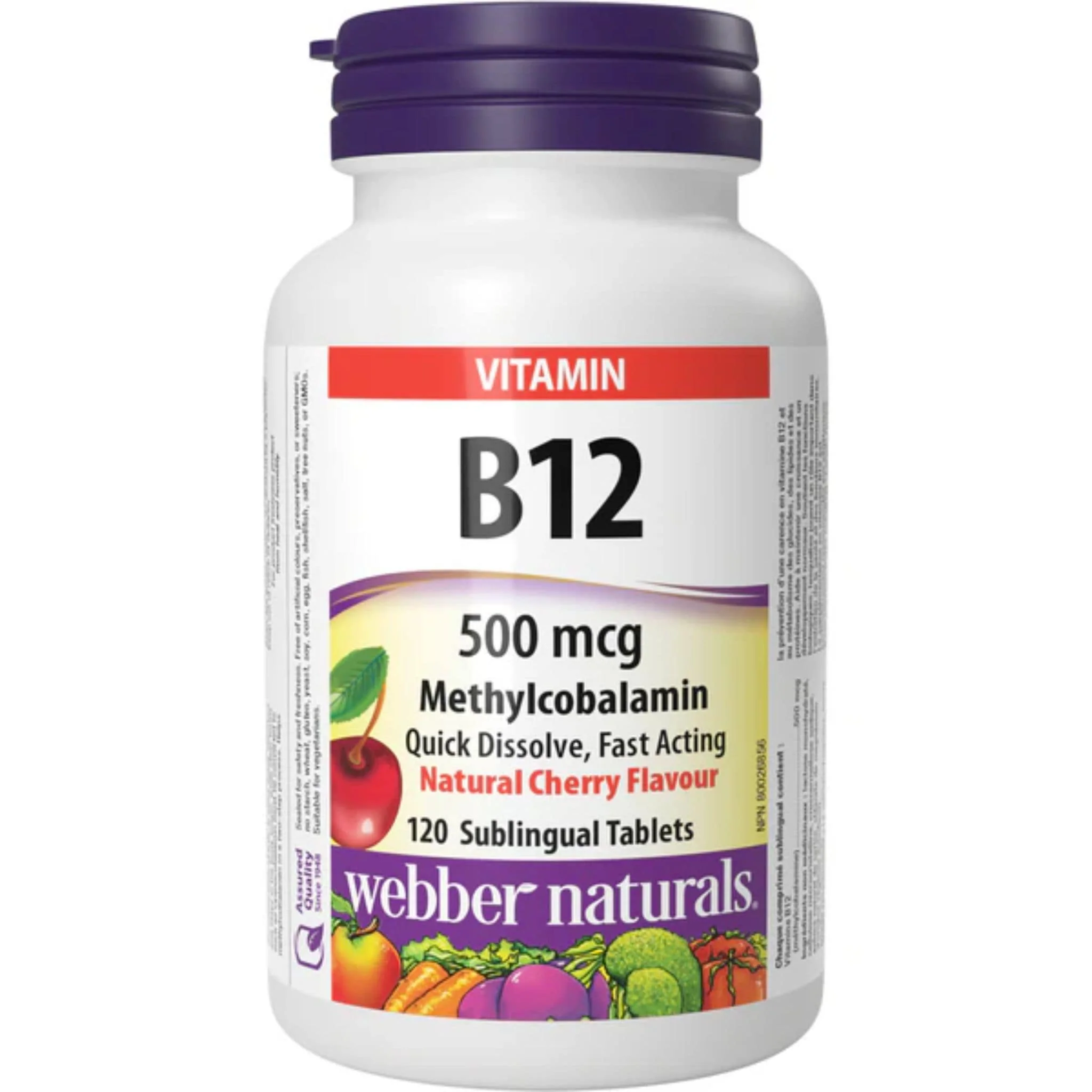 Webber Naturals Vitamin B12 500mcg Methylcobalamin, Cherry Flavoured, 120 Sublingual Tablets