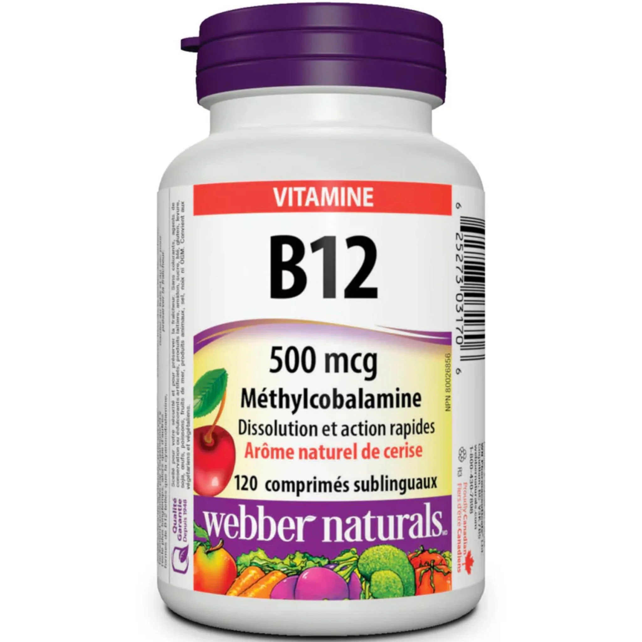 Webber Naturals Vitamin B12 500mcg Methylcobalamin, Cherry Flavoured, 120 Sublingual Tablets - Image 2