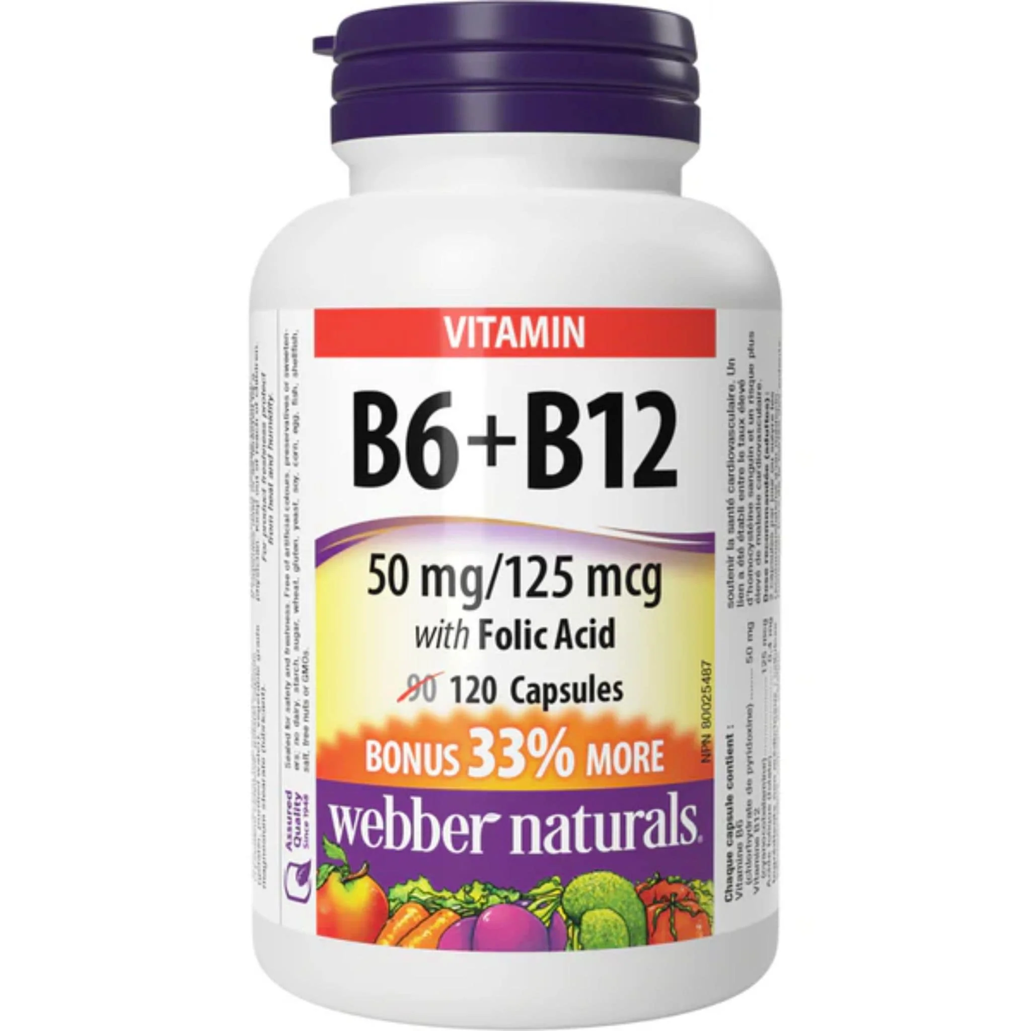 Webber Naturals Vitamin B6 + B12 with Folic Acid, 50mg/125 mcg/0.4 mg, BONUS! 33% More, 90+30 Capsules