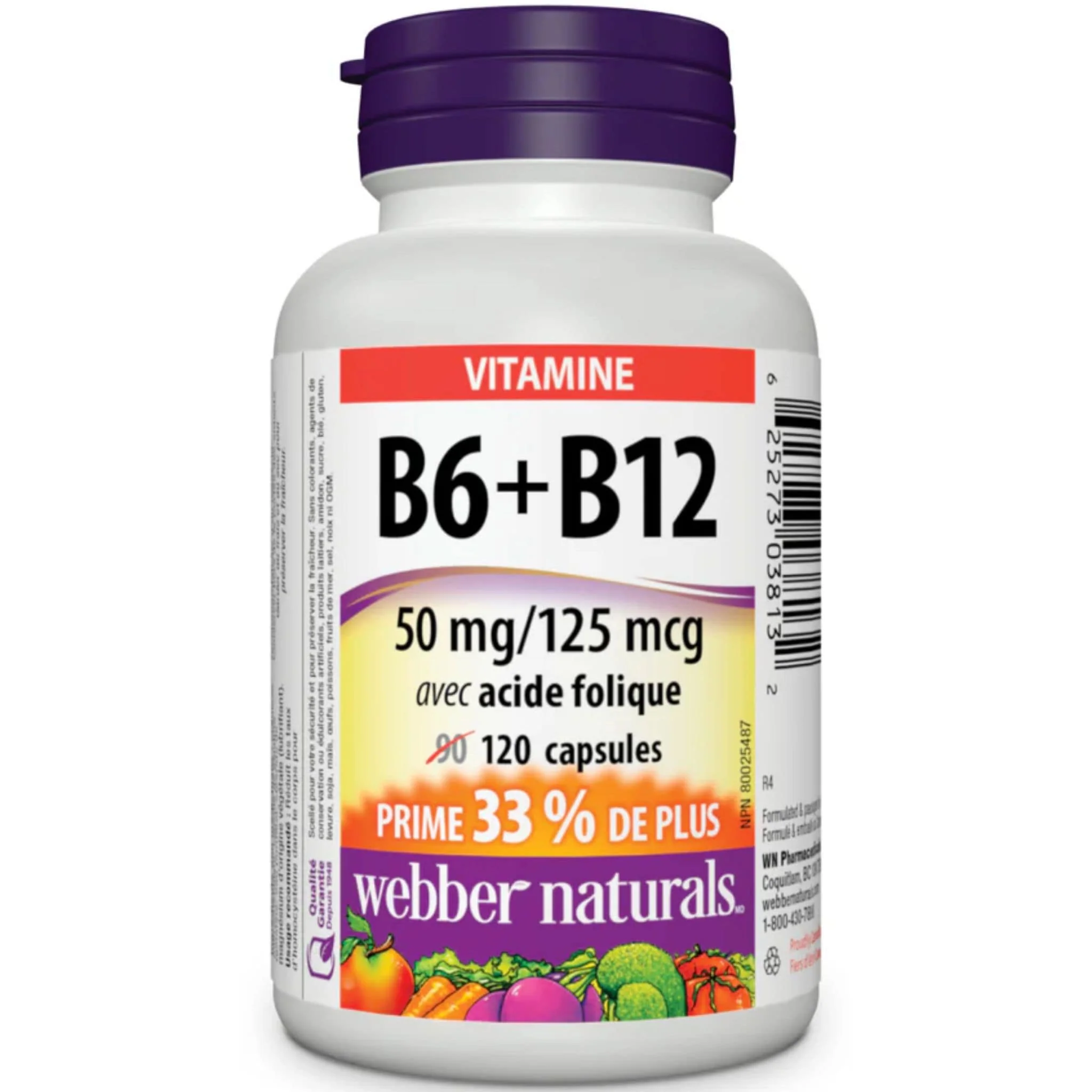 Webber Naturals Vitamin B6 + B12 with Folic Acid, 50mg/125 mcg/0.4 mg, BONUS! 33% More, 90+30 Capsules - Image 2