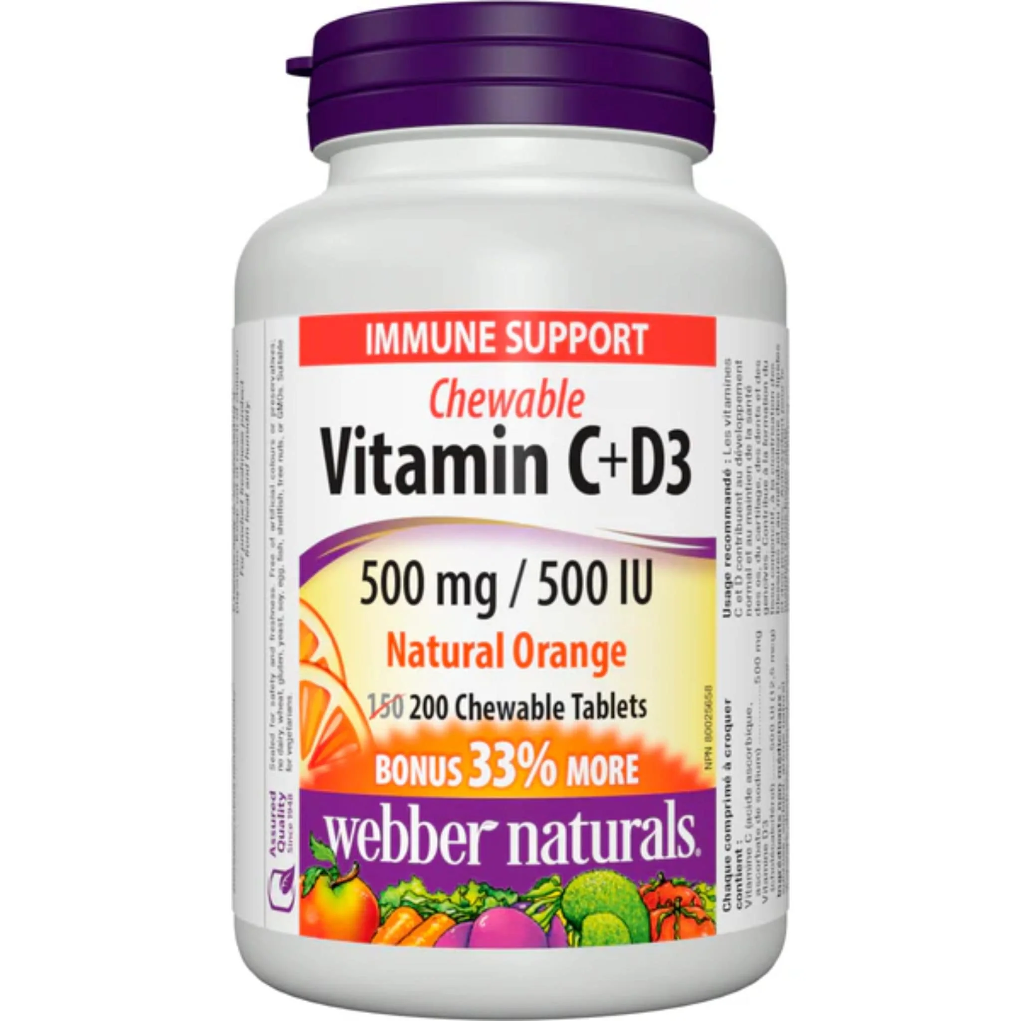 Webber Naturals Vitamin C + D3 500mg/500IU Natural Orange, 150+50 Chewable Tablets