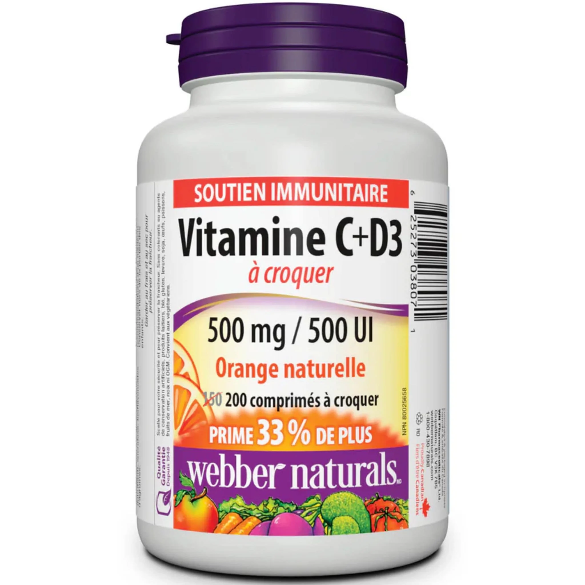 Webber Naturals Vitamin C + D3 500mg/500IU Natural Orange, 150+50 Chewable Tablets - Image 2