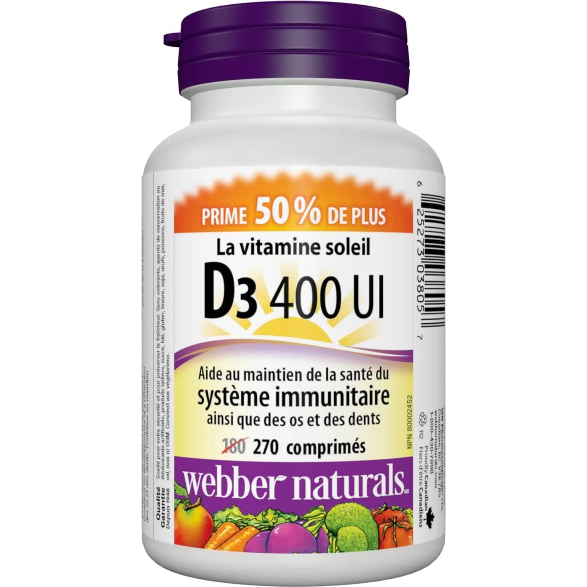 Webber Naturals Vitamin D3, 400 IU, BONUS! 50% More, 180+90 Tablets - Image 2
