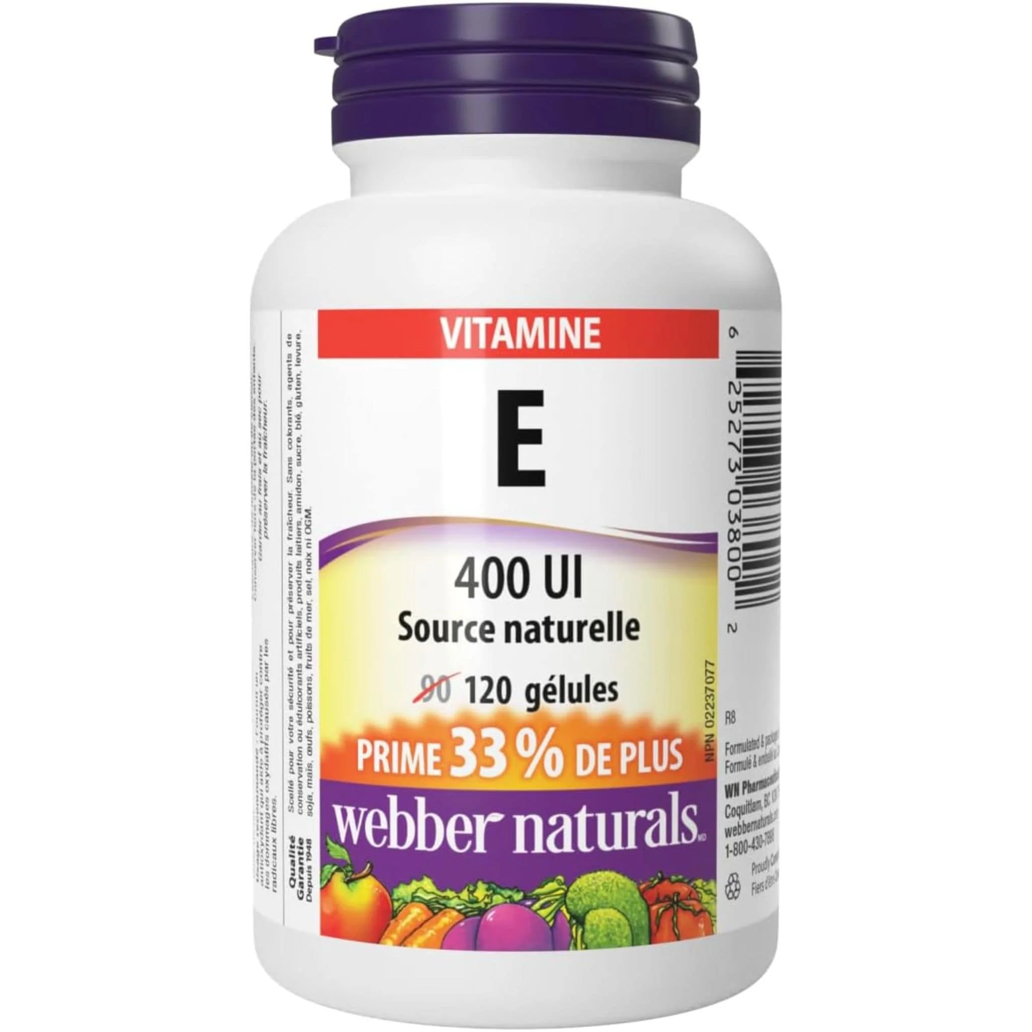 Webber Naturals Vitamin E 400IU, Natural Source, BONUS! 33% More, 120 Softgels - Image 2