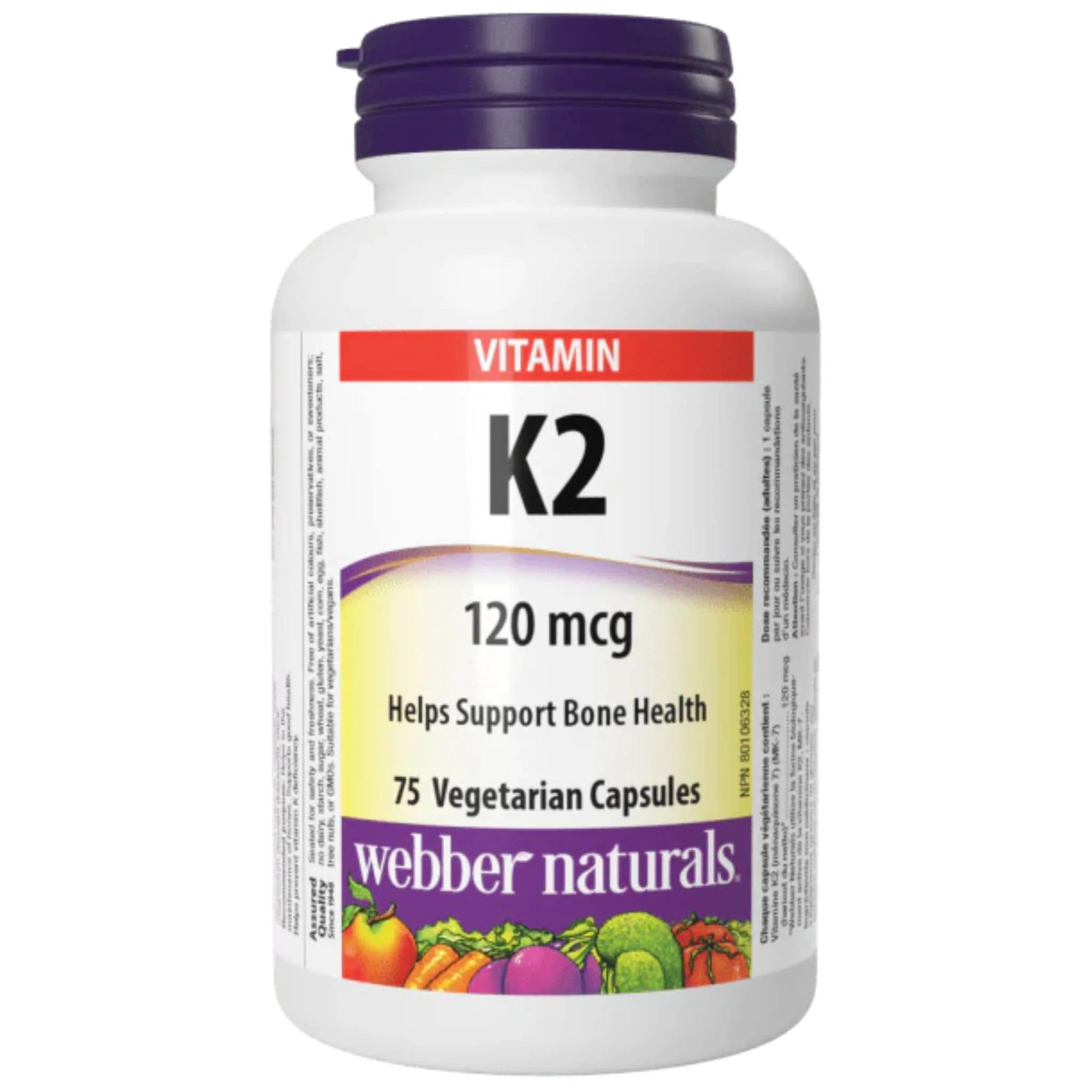 Webber Naturals Vitamin K2 120mcg, MK-7 24-Hour Bone Protection, Helps Support Bone Health, 75 Vegetable Capsules