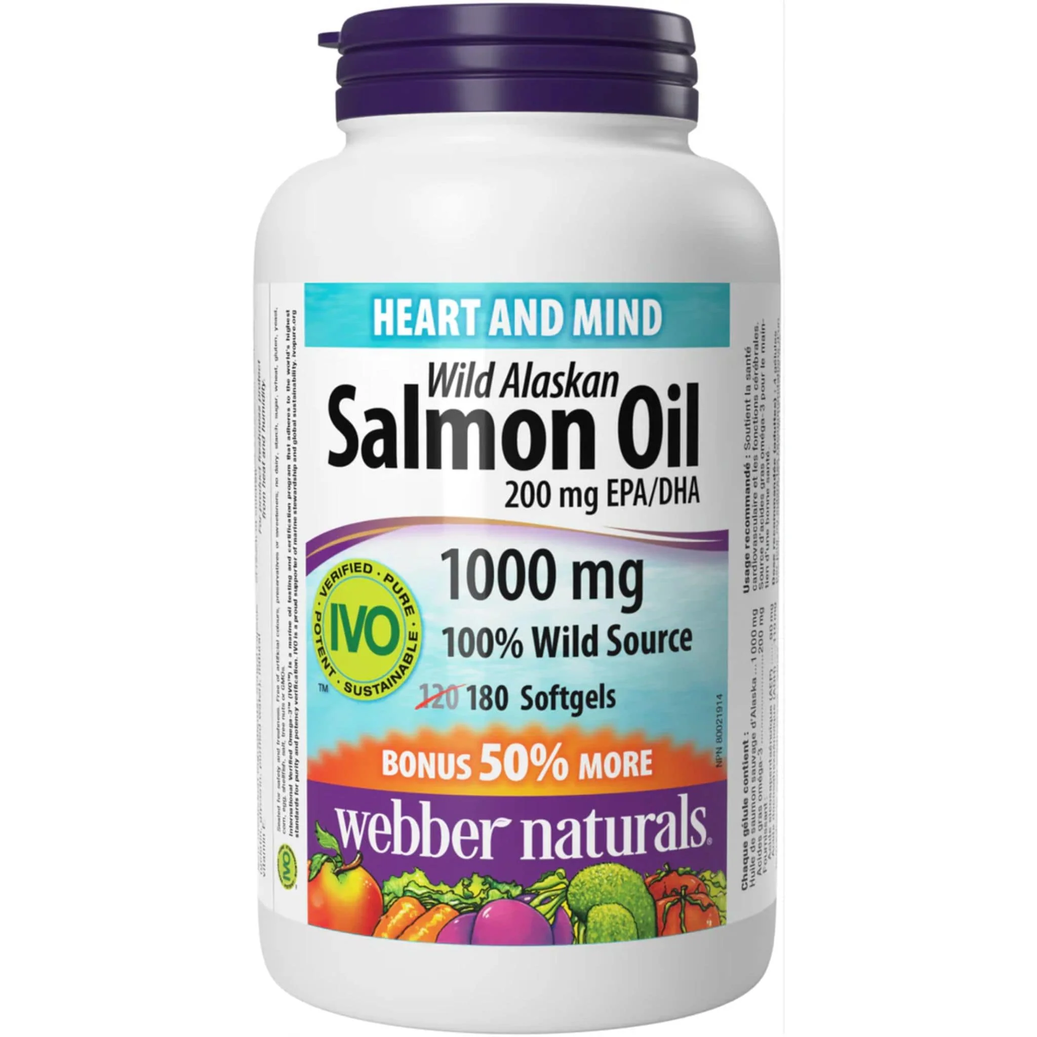 Webber Naturals Wild Alaskan Salmon Oil, 100% Pure, 1000mg, BONUS! 50% More, 180 Softgels