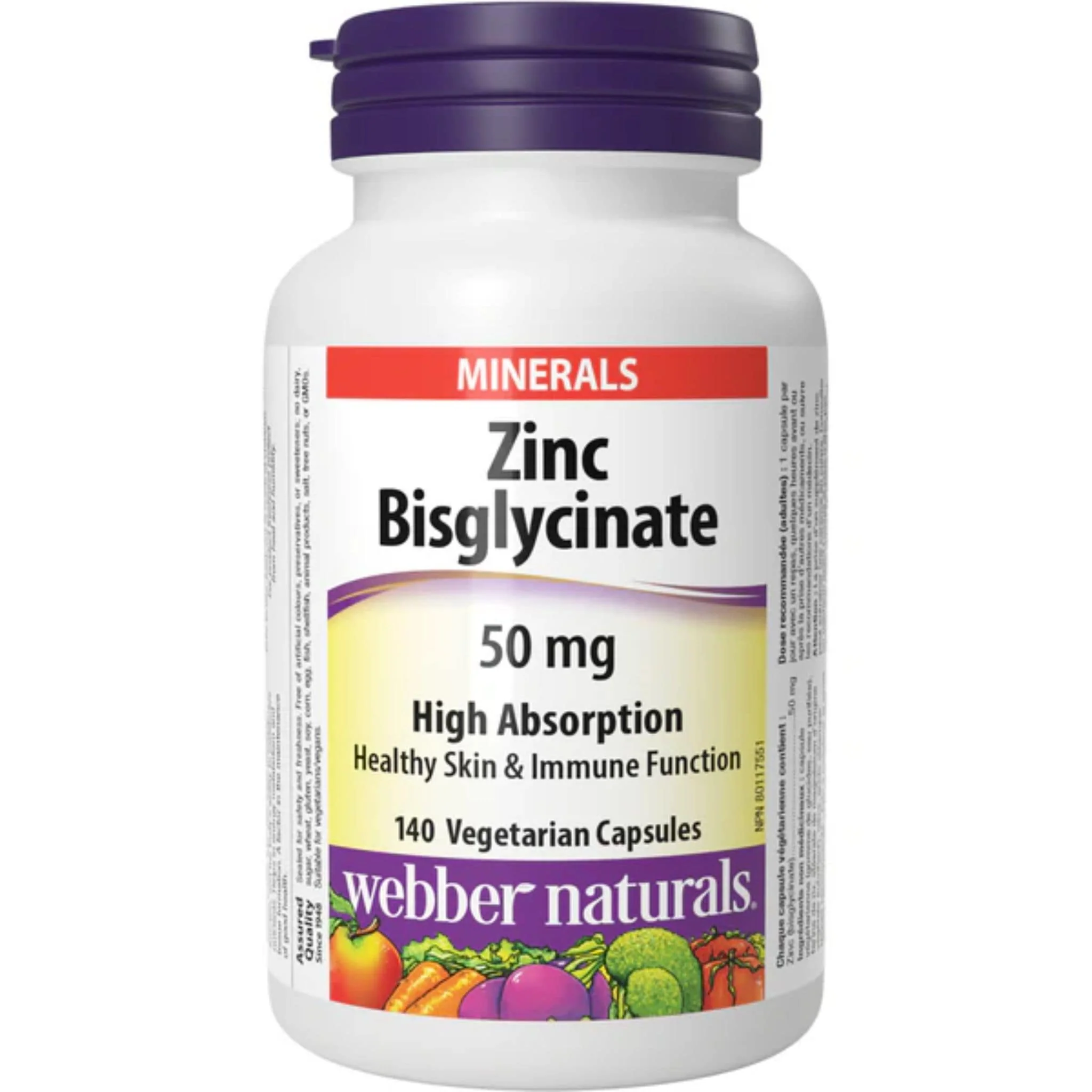 Webber Naturals Zinc Bisglycinate 50mg High Absorption, 140 Vegetable Capsules